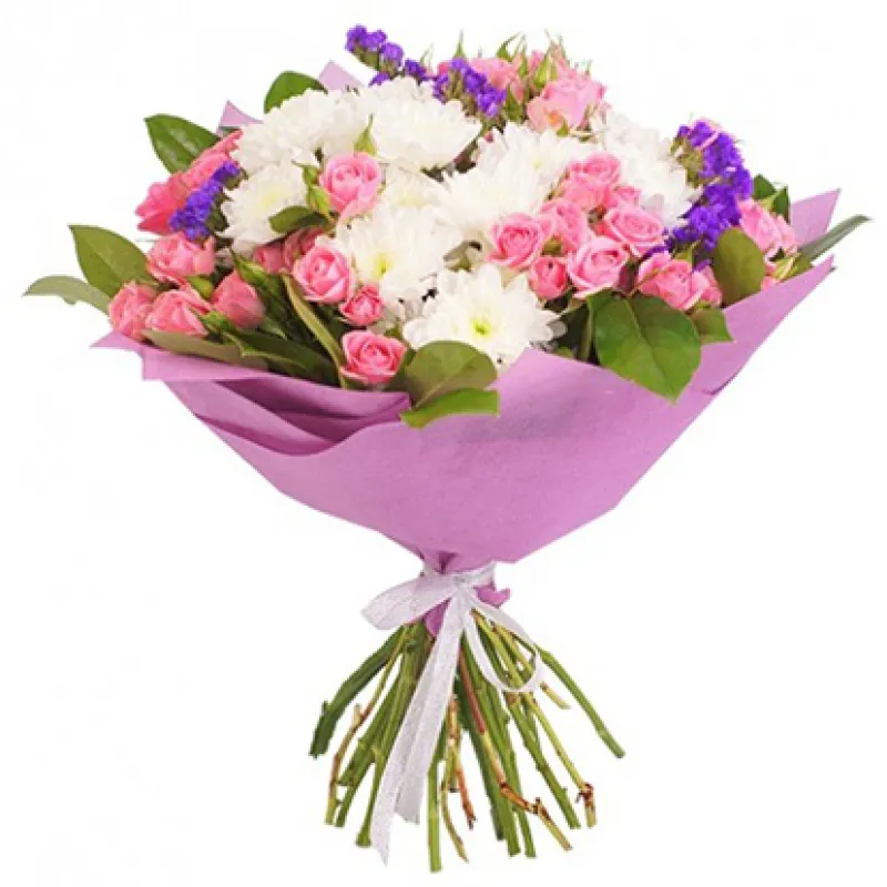 Букет из белых хризантем и розовых кустовых роз, доставка Белозерный